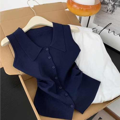 翻领褶皱无袖针织背心小衫优品质
