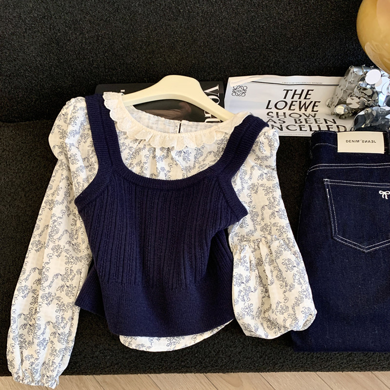 Jade Closet直营店推荐~美德拉甜美风针织背心马甲蕾丝小衫两件套