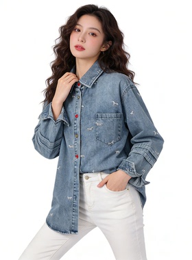 百搭休闲翻领气质衬衫女2026春季新款韩版刺绣设计感长袖牛仔上衣