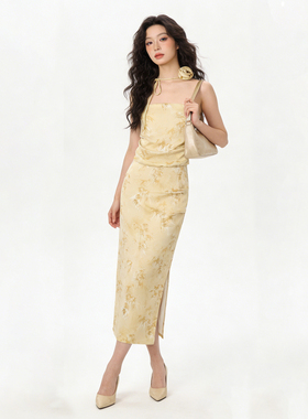 新中式洋气减龄印花系带抹胸上衣半身裙女春季新款复古气质两件套