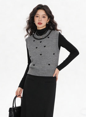 春季新款复古叠穿马甲两件套装女韩系休闲百搭针织背心半高领T恤