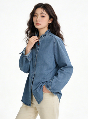 韩版宽松休闲爱心扣牛仔衬衫女春季新款复古减龄气质百搭显瘦上衣