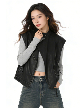 甜酷风黑色时尚马甲背心女春季新款港风气质百搭休闲坎肩皮衣外套