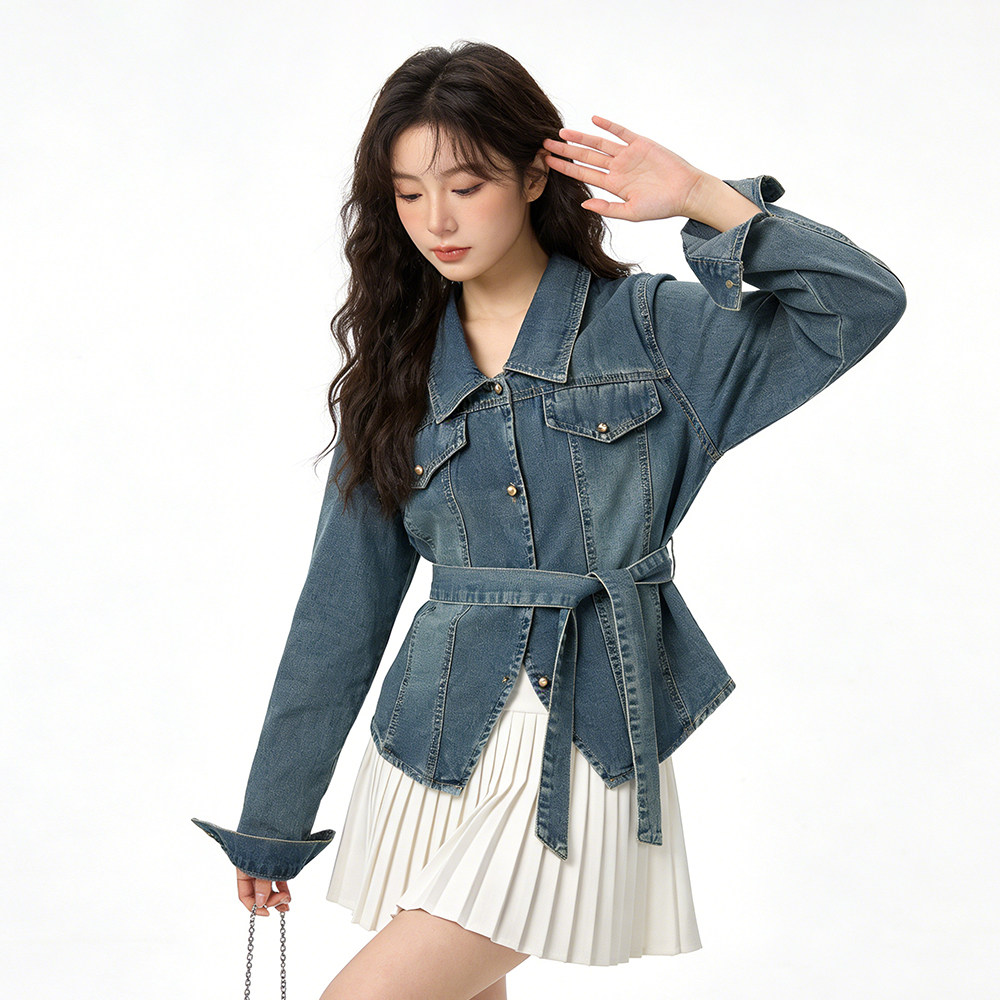 早春季新款百搭气质收腰独特漂亮牛仔衬衫女韩版复古时尚显瘦上衣