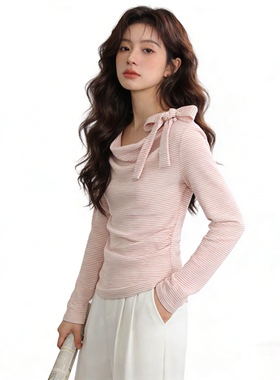 粉色减龄蝴蝶结长袖条纹T恤女早春季新款甜辣风修身显瘦气质上衣