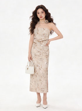 纯欲风时尚气质抹胸两件套装女春季新款新中式竹叶印花显瘦半身裙