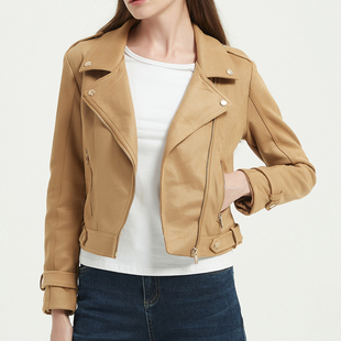 机车风欧美时尚 春新品 仿麂皮绒外套纹路感修身 短款 高腰短外套 长袖