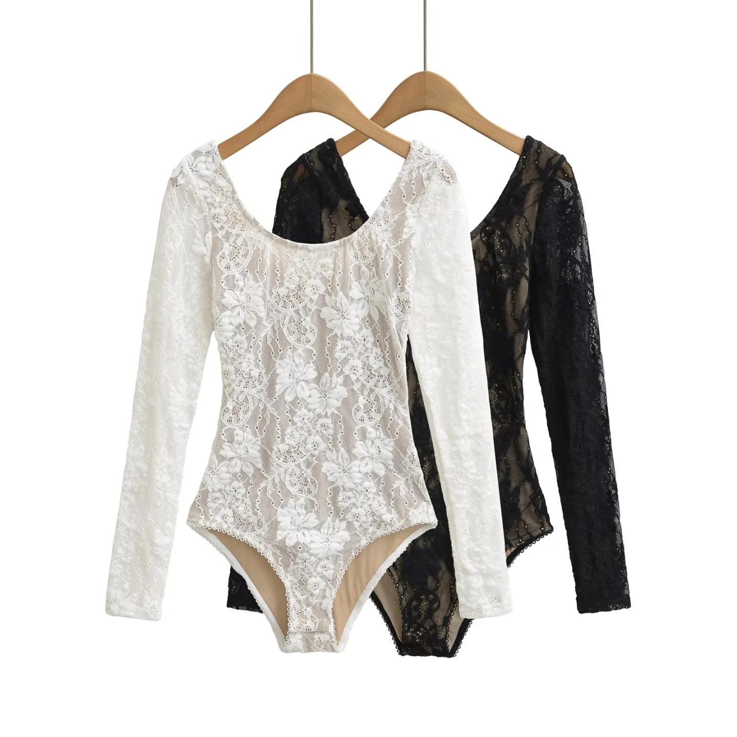 双层网纱蕾丝拼接连裆长袖女T恤