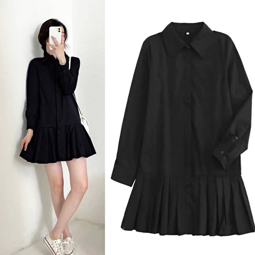 下摆褶皱棉纯色赫本风长袖连衣裙