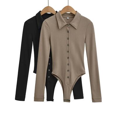 弹力修身连裆翻领排扣连裆女T恤