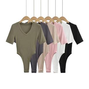 夏季 打底衫 潮上衣 大V领连体女T恤深V连裆连身弹力修身 欧美风中袖