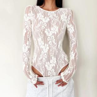 连裆女T恤纱网镂空钩花辣妹连身连体衫 蕾丝拼接长袖 上衣 新款 时尚