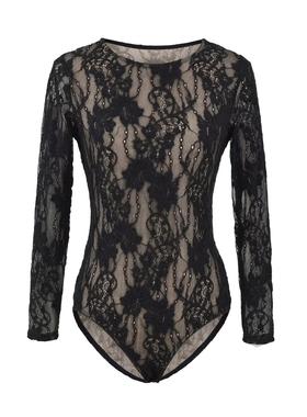 时尚新款蕾丝拼接长袖连裆女T恤纱网镂空钩花辣妹连身连体衫上衣