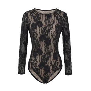 时尚 蕾丝拼接长袖 连裆女T恤纱网镂空钩花辣妹连身连体衫 上衣 新款