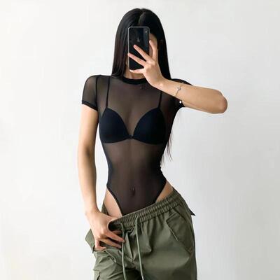 欧美风夏季新品薄款网纱连裆T恤