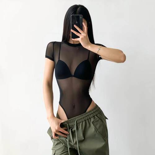 欧美风夏季新品薄款网纱连裆T恤