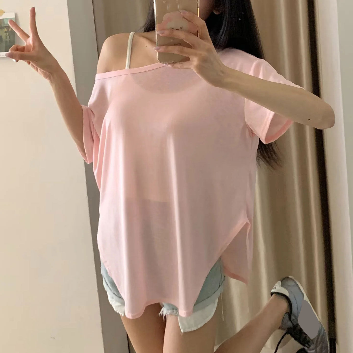 夏季新品薄款斜领短袖宽松女T恤套头中长款大版型微透不规则罩衫