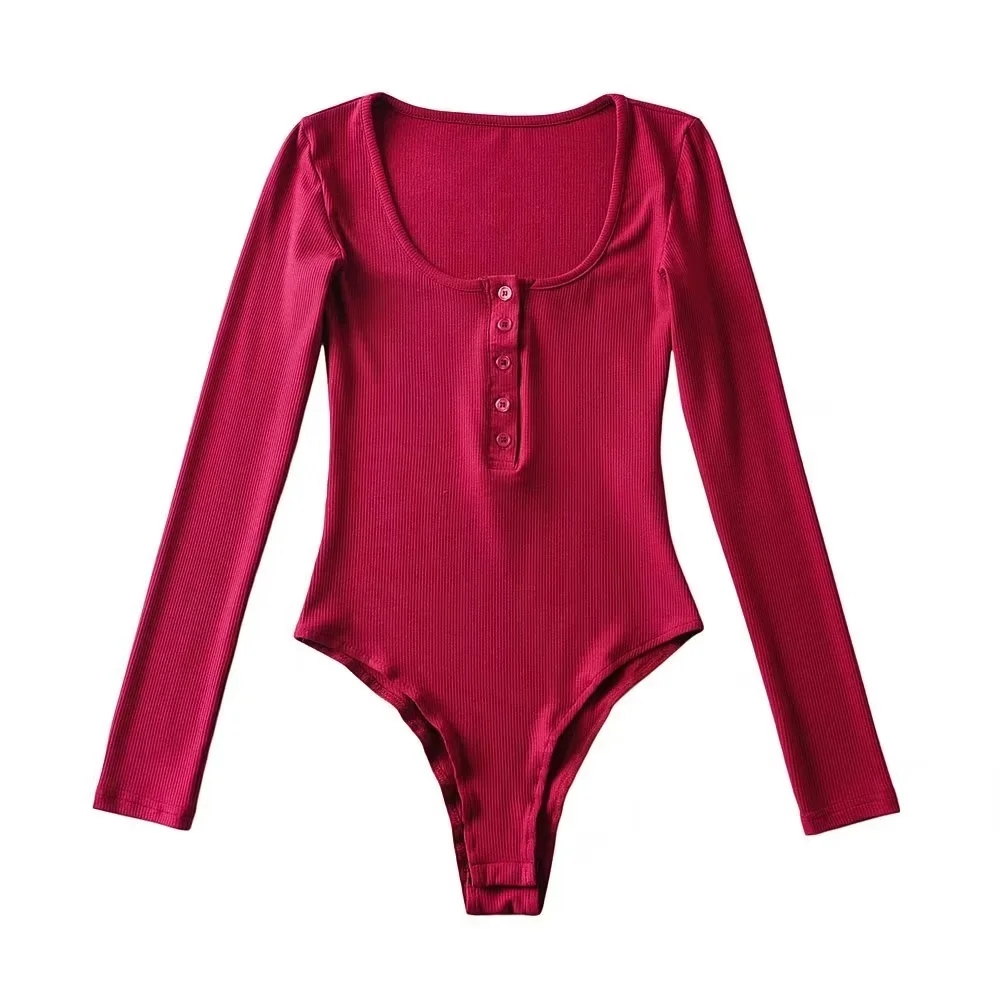 长袖欧美风方领连裆连体棉女T恤