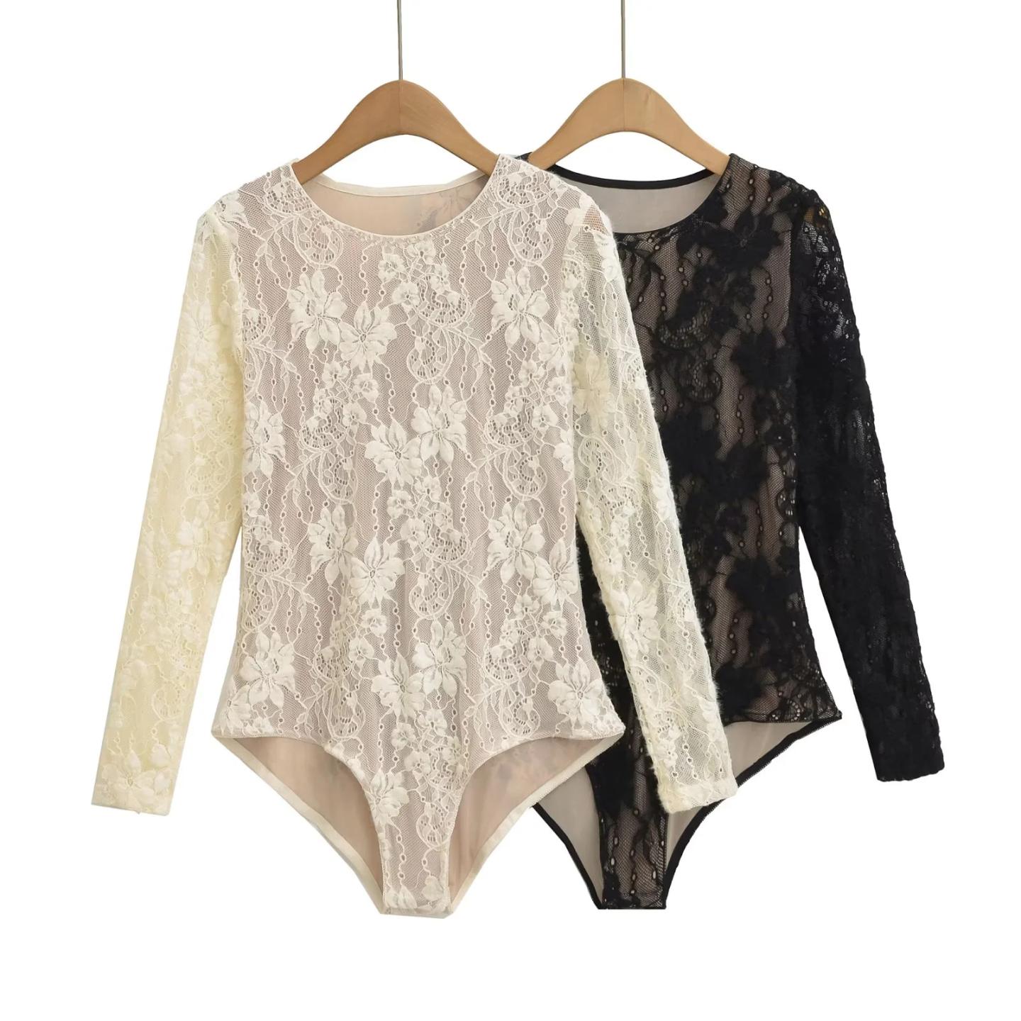 欧美花瓣蕾丝拼接圆领连裆女T恤