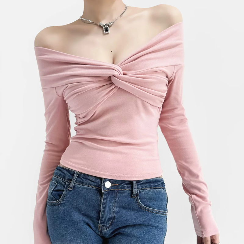 长袖纯欲一字肩扭结弹力修身T恤
