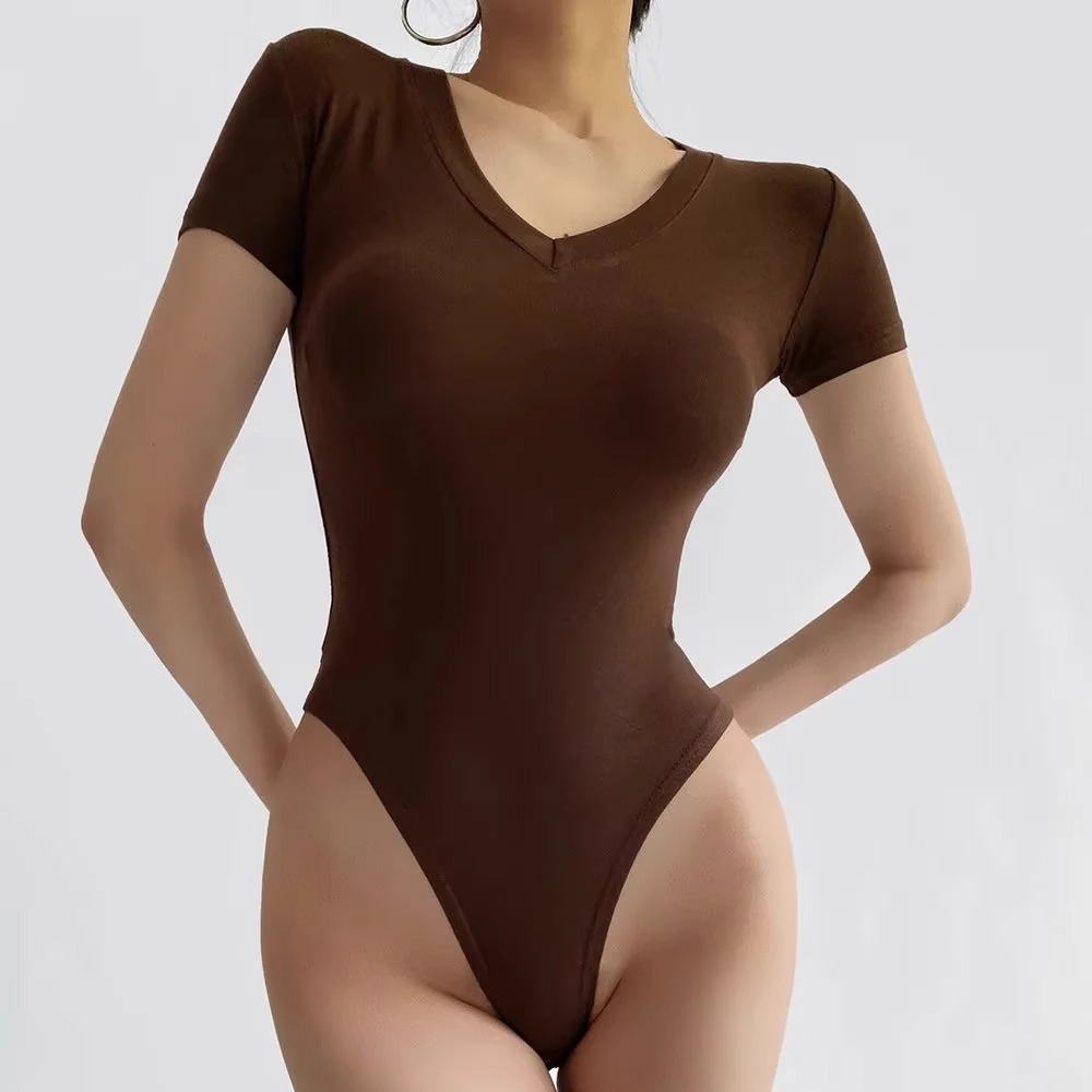 欧美基础款V领修身弹力连体女T恤