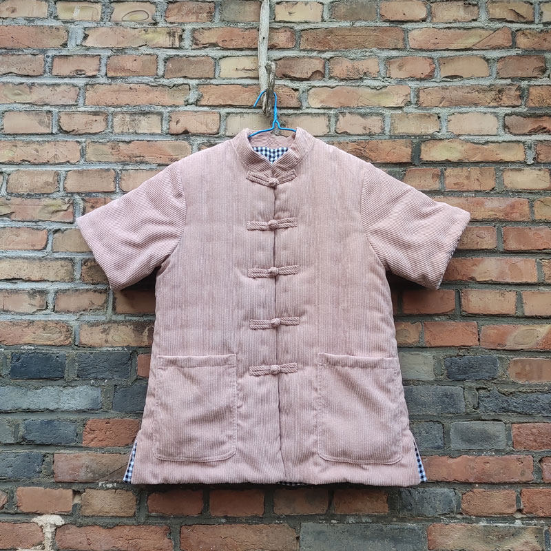 冬季纯手工老棉衣立领盘扣棉马甲女短袖加厚保暖粉色棉服直筒宽松