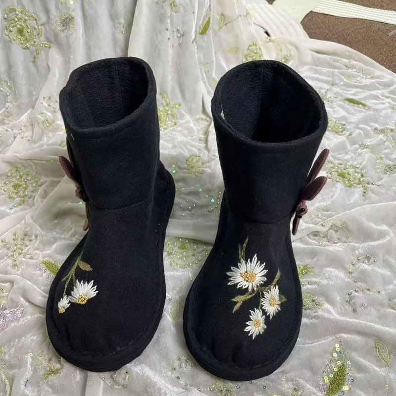 纯手工千层底老布鞋中式风黑色雏菊刺绣儿童汉服鞋布靴民族风短靴