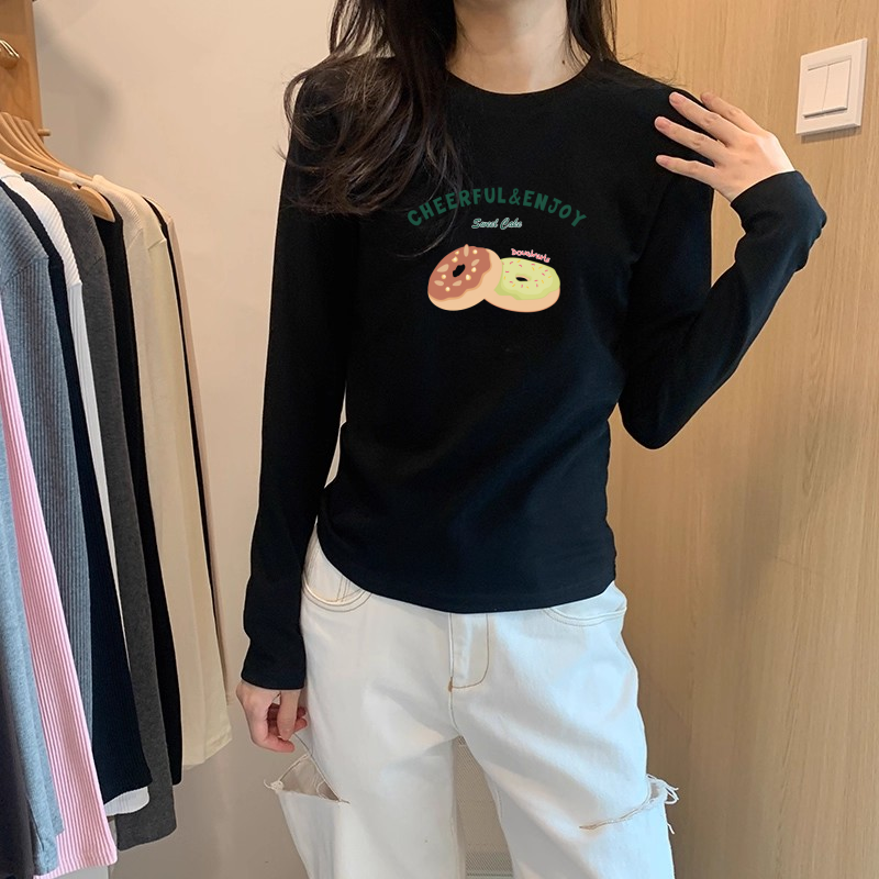 长袖T恤女黑色甜甜圈印花打底衫