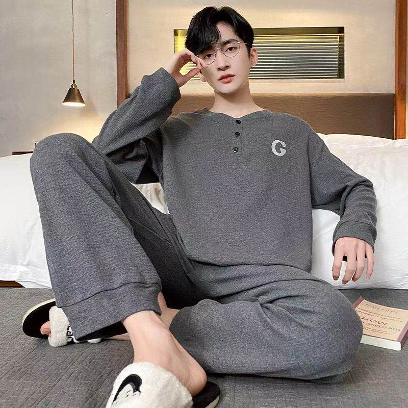 男士睡衣春秋纯棉长袖圆领套头全棉四季休闲宽松青少年家居服套装