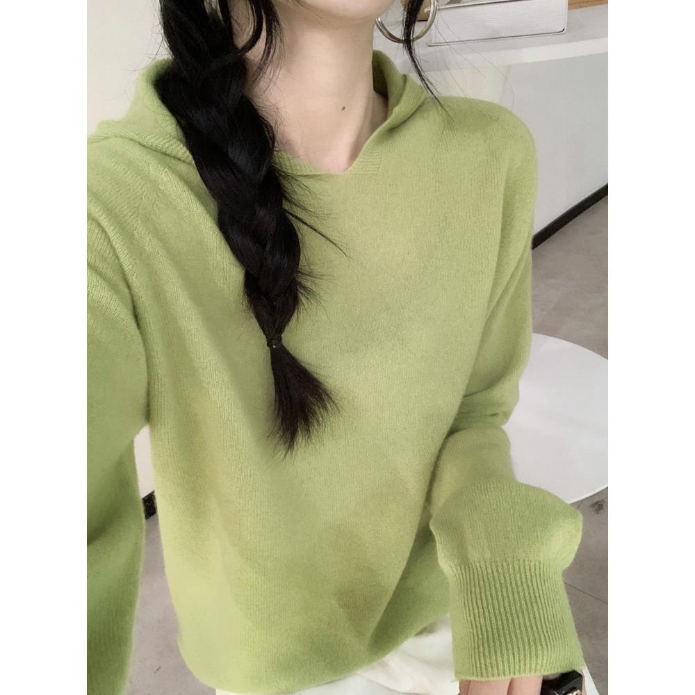 带帽羊毛衫女100纯羊毛针织连帽卫衣女宽松v领套头羊绒毛衣打底衫