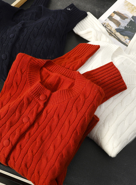 华子家 复古绞花圆领针织开衫女2025秋冬新款本命年红色毛衣45740