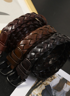 华子家 复古编织头层牛皮真皮腰带简约百搭文艺扣裤带皮带女44176