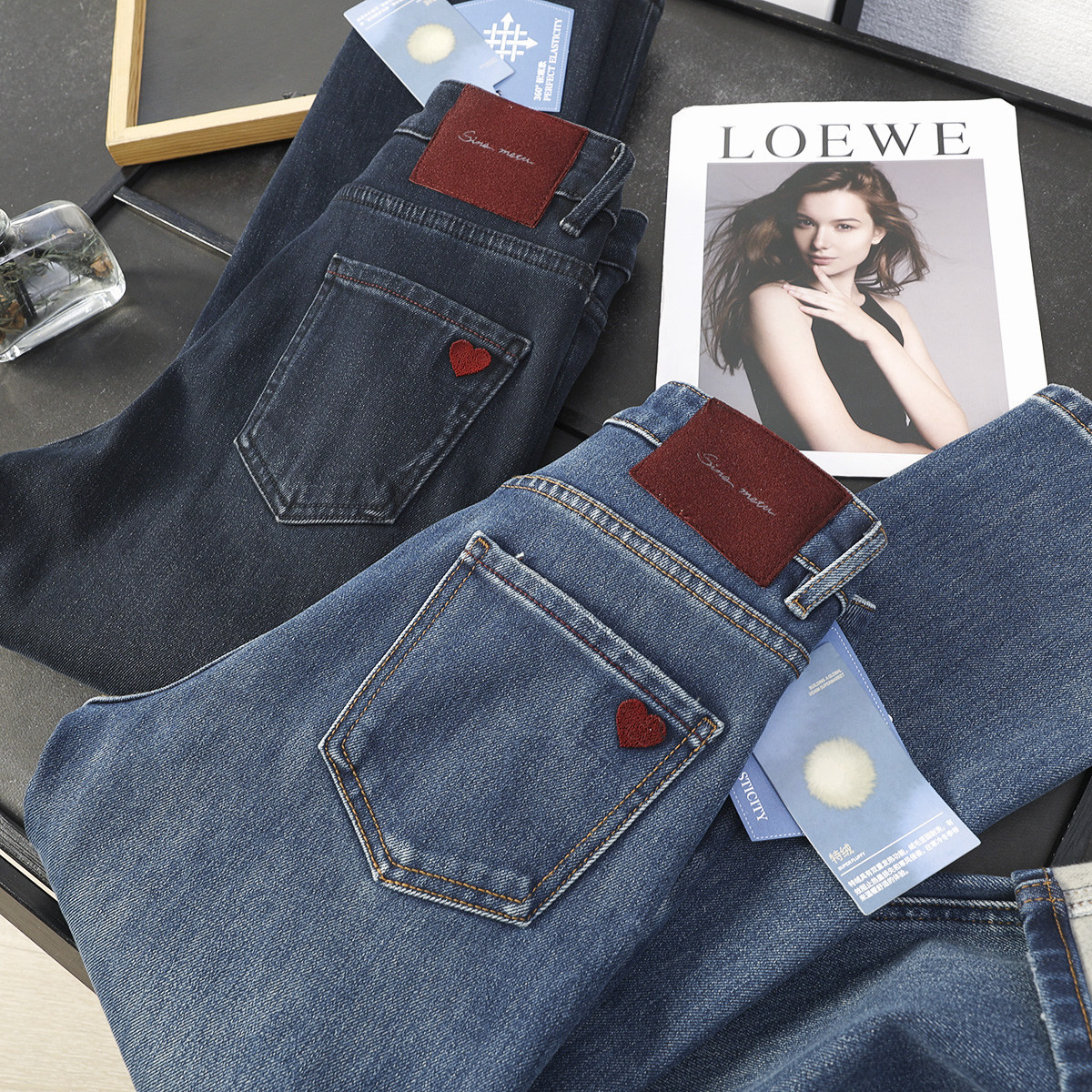 爱心刺绣加厚植绒九分直筒牛仔裤