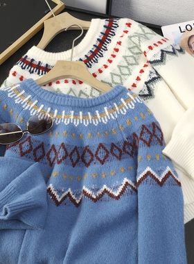 华子家 复古费尔岛提花圆领针织衫女秋冬慵懒范宽松套头毛衣45446