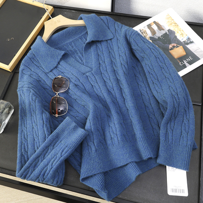 复古绞花翻领针织衫麻花套头毛衣