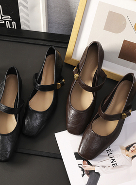 华子家 羊皮~法式复古方头粗跟一字带玛丽珍鞋单鞋女小皮鞋41918