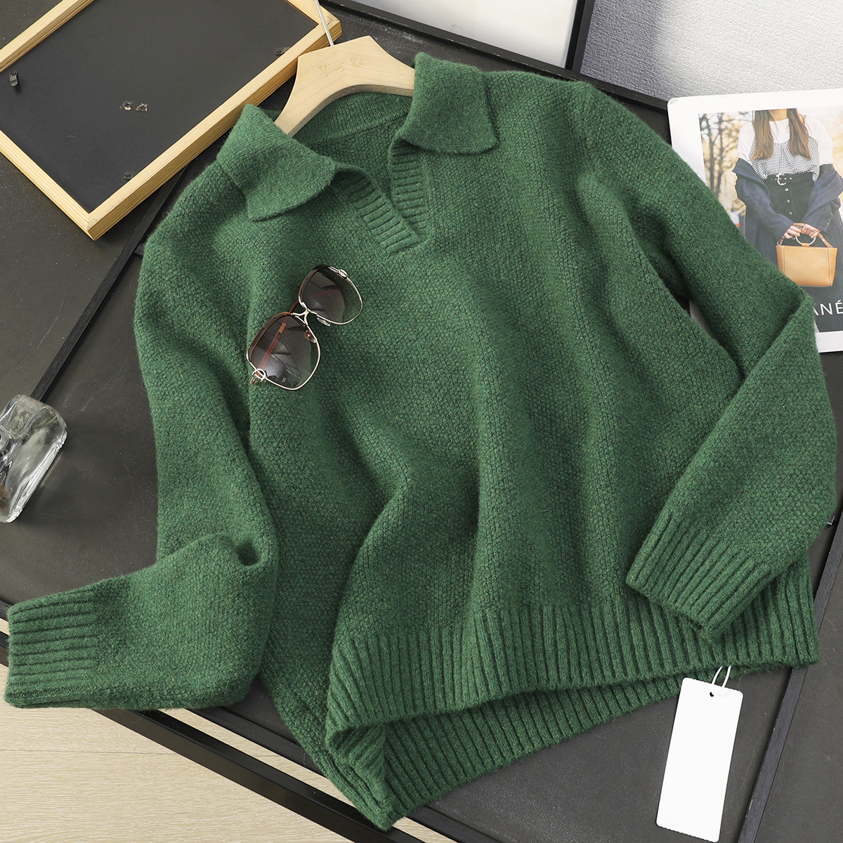 绿色翻领针织衫宽松显瘦套头毛衣