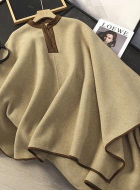 华子家 高端羊麂皮拼接廓形宽松双面呢羊毛斗篷大衣毛呢外套45242