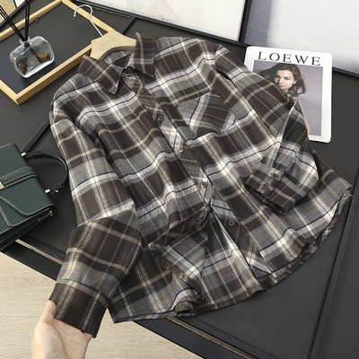 咖色格纹长袖衬衫宽松显瘦衬衣女