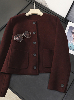 华子家 高端100绵羊毛圆领短款双面呢大衣毛呢外套女秋冬季45018