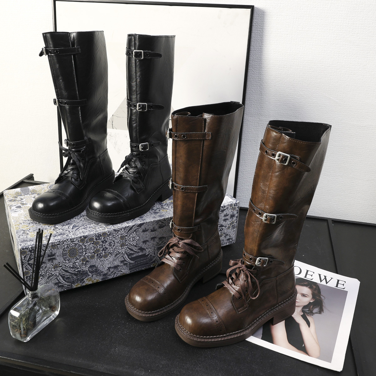 复古粗跟皮带扣做旧加绒骑士靴女