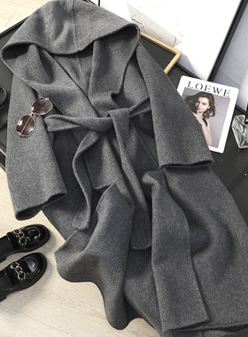 华子家 灰色连帽双面呢羊毛大衣女2025秋冬新款长款毛呢外套45352
