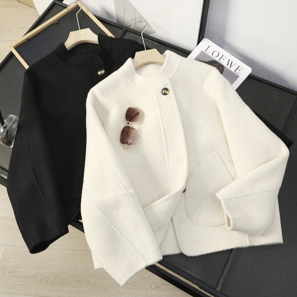 天丝羊毛混纺小立领短款毛呢外套