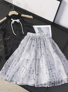 华子家 新中式立领无袖衬衫国风印花半身裙女童连衣裙两件套43549