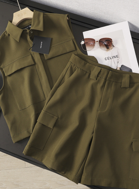 华子家 荷兰箪！休闲工装风无袖衬衫背心阔腿短裤两件套装女42075