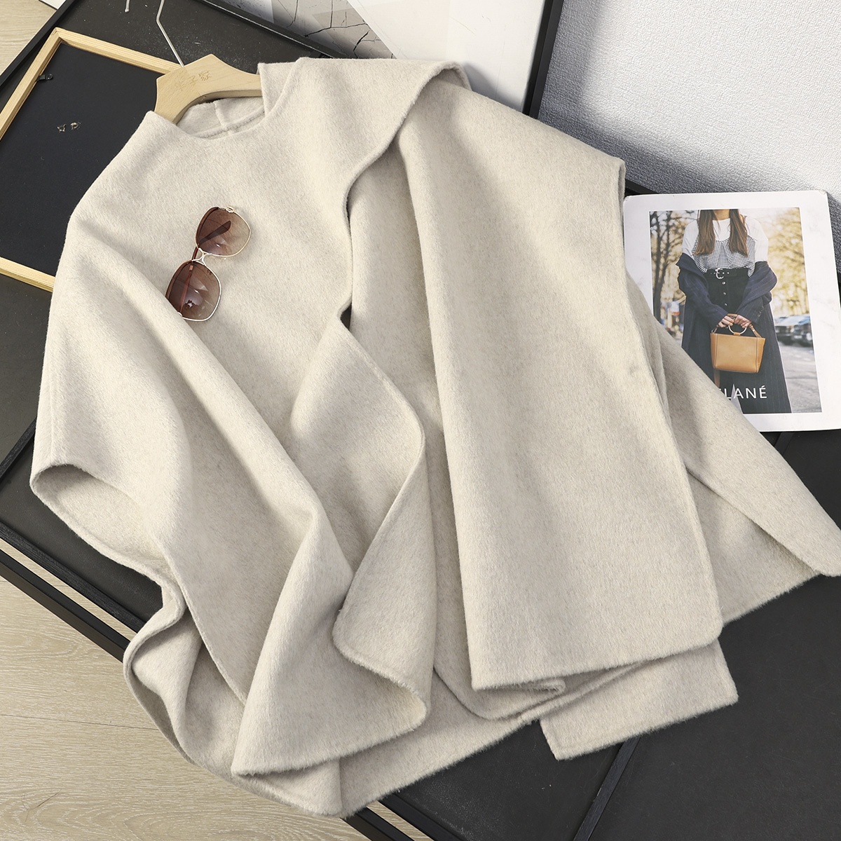 羊毛混纺斗篷双面呢大衣毛呢外套