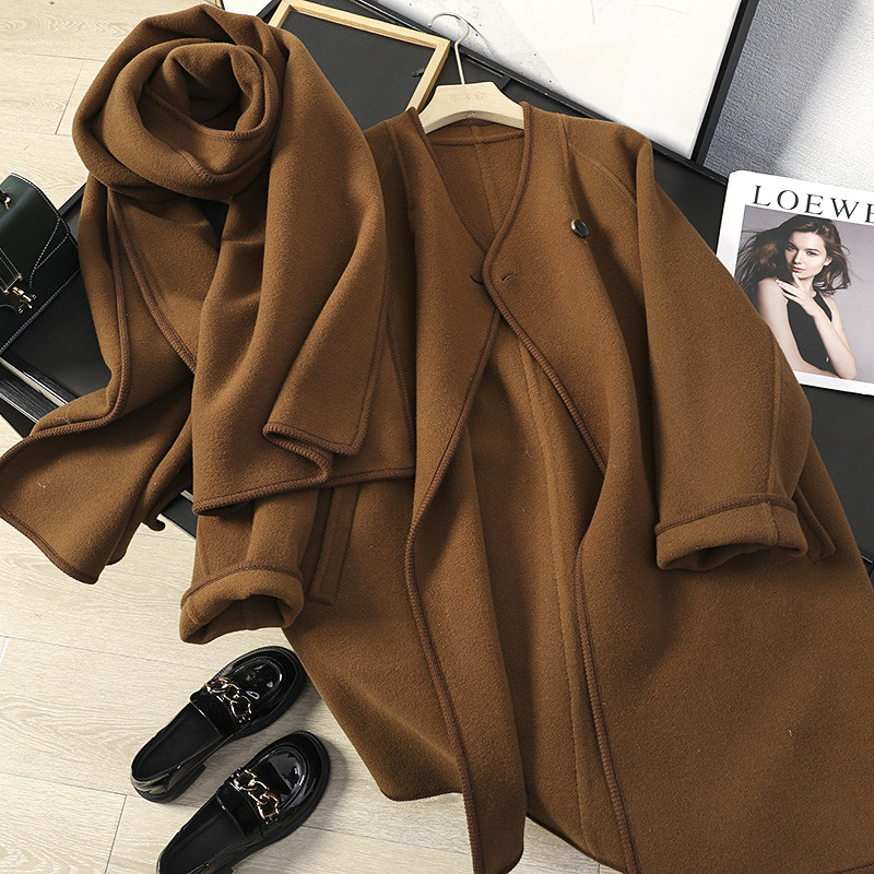华子家 可拆卸披肩围巾式双面呢大衣女2025秋冬新款毛呢外套45897,女装/女士精品,毛呢外套,淘宝优惠券,粉丝福利购,淘宝优惠卷