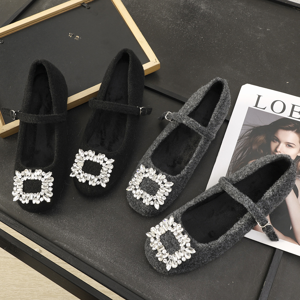 水钻方头一字带加绒保暖玛丽珍鞋