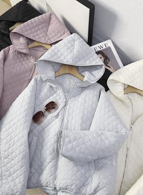 华子家 90白鸭绒轻薄菱格连帽羽绒服宽松保暖格子外套女秋冬45462