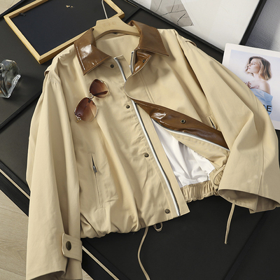 复古巴恩风撞色皮领收腰夹克外套